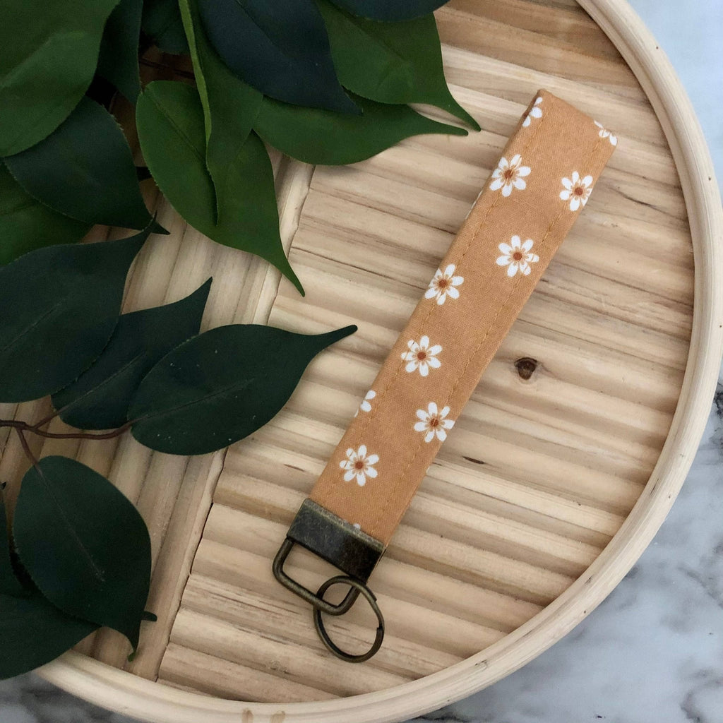Carmel Flower Print Fabric Wristlet Keychain, Key Fob - Fairway Faith Apparel Co