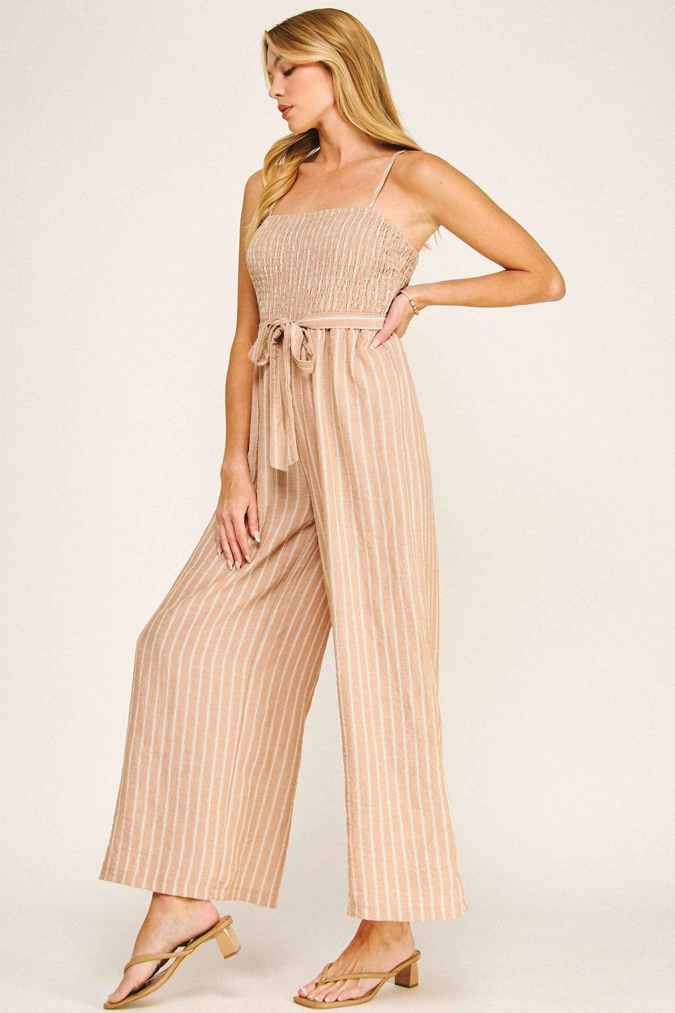 COASTAL STRIPE SMOCKED WIDE LEG JUMPSUIT - Fairway Faith Apparel Co