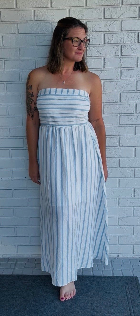STRIPE PLEATED STRAPLESS LINEN MIDI DRESS